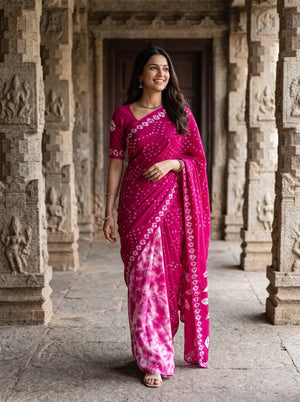 Semi Modal pink Saree with Bandhani Print and Shibori Hem