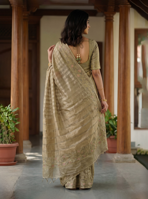 Tissue Beige Botanical Floral Embroidered Saree