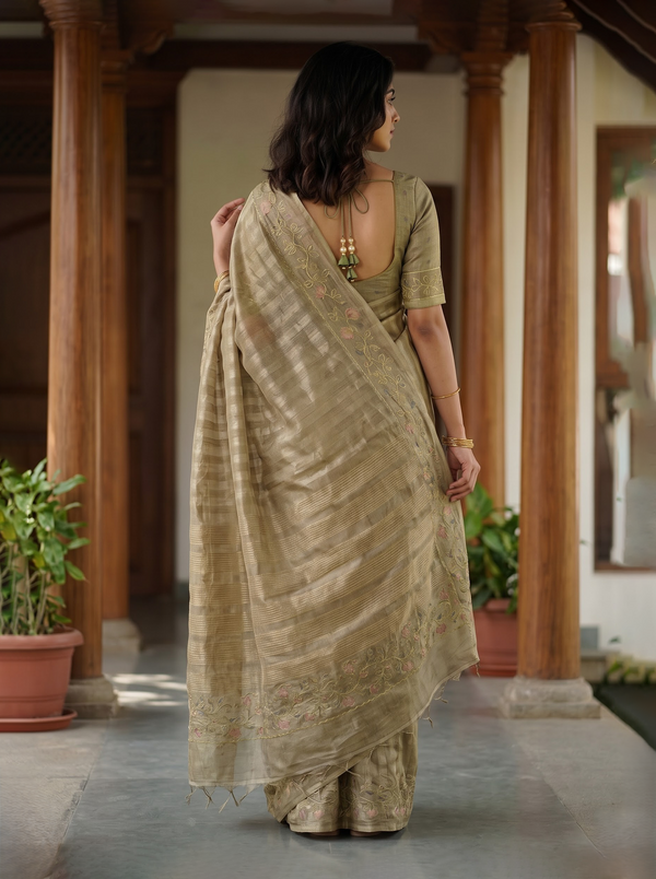 Tissue Beige Botanical Floral Embroidered Saree