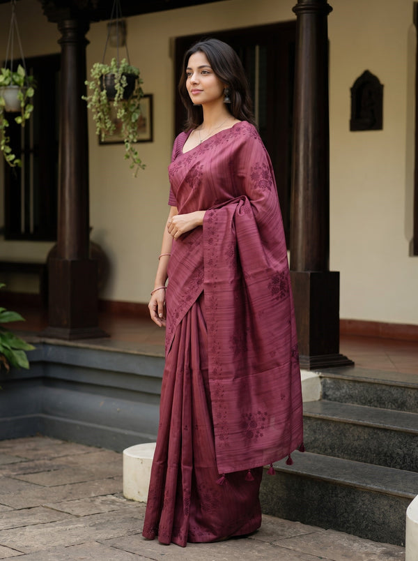 Semi Tussar Maroon Self Stripe Embroidered Floral Saree with Tassels