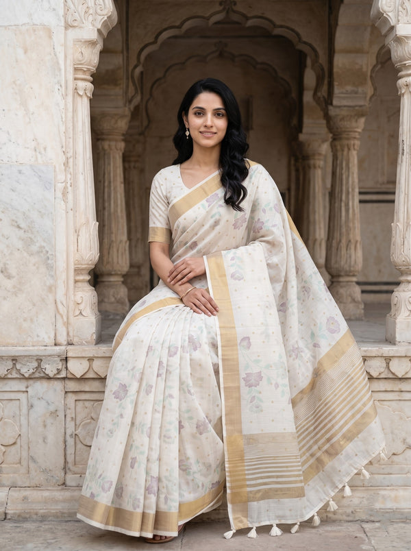 Semi Tussar Cream Saree with Floral Motifs and Golden Zari Border