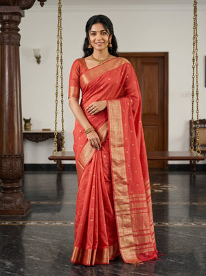 Chanderi Red Zari Coin Motif Saree