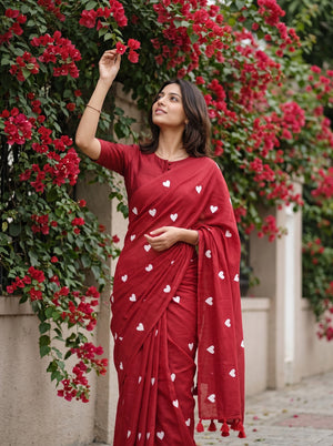 Mul Chanderi Red Saree with White Heart Print and Tassels