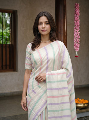 Cotton Cream Multicolour Striped Tassel Pattern Saree