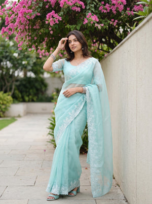 Organza Mint Floral Embroidery Stone Work Border Saree