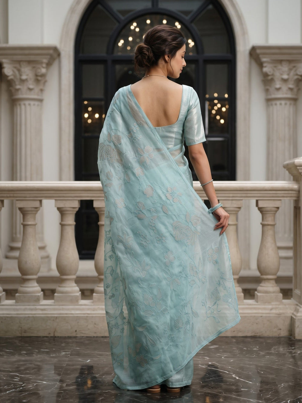 Organza Sea blue Saree with Floral Vine Embroidery