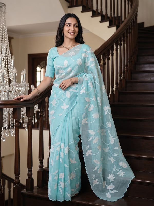 Organza Turquoise Saree White Lotus Applique Design