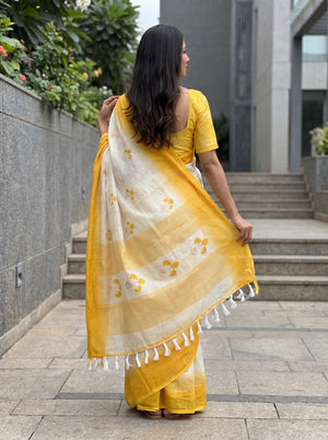 Cotton White Saree with Mustard Yellow Border and Sprig Print
