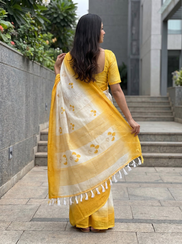 Cotton White Saree with Mustard Yellow Border and Sprig Print