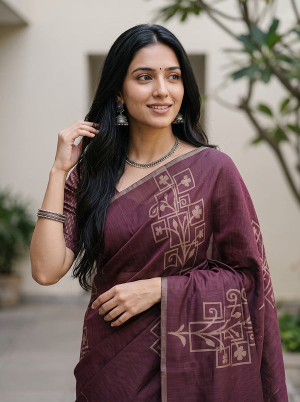 Matka Silk Maroon Saree with Geometric Trellis and Leaf Jaal Weave