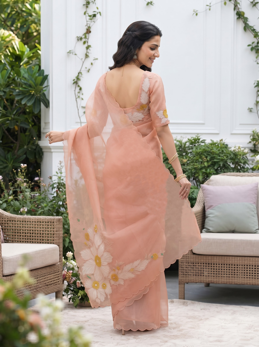 Organza Rust Peach Floral Bouquet Embroidery Beaded Pallu