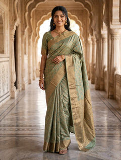 Tussar Silk Sage Green Saree with Antique Zari Lattice Jaal Weave