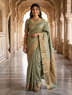 Tussar Silk Sage Green Saree with Antique Zari Lattice Jaal Weave