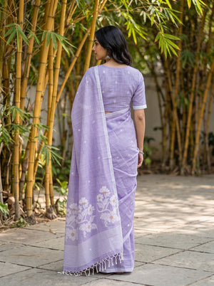 Cotton Lavender Purple Saree with White Floral Bouquet Pallu