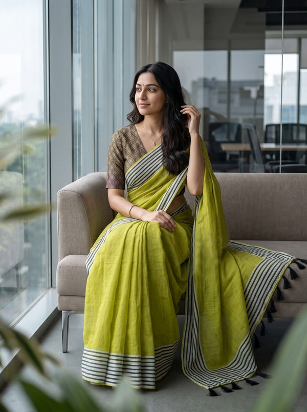 Cotton Saree in Lime Green with Contrasting Monochrome Pinstripe Trim