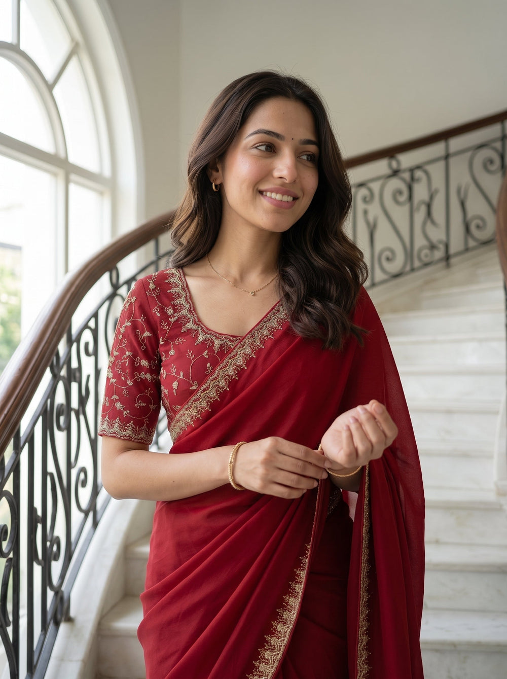 Chiffon Red Designer Saree with Scalloped Beaded Embroidery Border