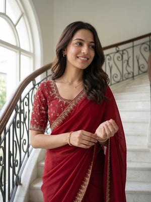 Chiffon Red Designer Saree with Scalloped Beaded Embroidery Border