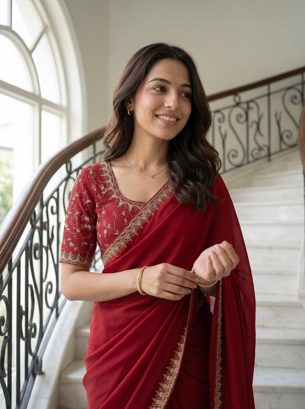Chiffon Red Designer Saree with Scalloped Beaded Embroidery Border