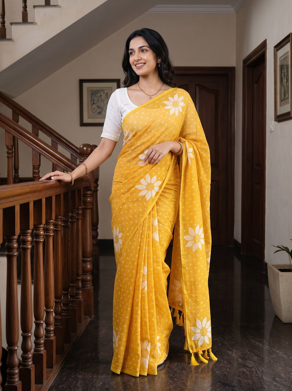 Cotton Yellow Saree with White Daisy Print and Polka Dots