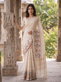 Linen Saree in Off-White with Bird Floral Embroidered Pallu