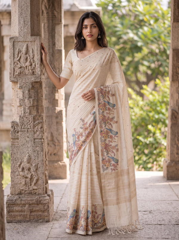 Linen Saree in Off-White with Bird Floral Embroidered Pallu