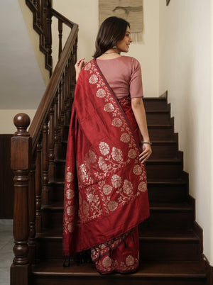 Cotton Silk Red Silver Floral Jaal Border Saree