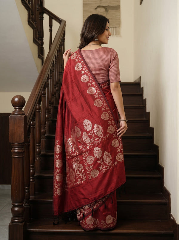 Cotton Silk Red Silver Floral Jaal Border Saree