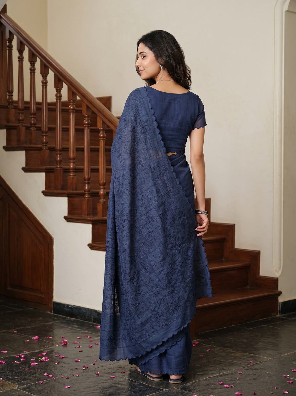 Semi Tussar Navy Blue Saree with Self-Pattern Floral Design and Scalloped Border