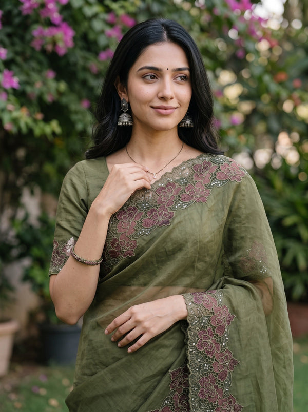 Organza Olive Green Maroon Floral Cutwork Lace Border Saree