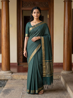 Cotton Silk Bottle Green Saree with Grey Zari Shimmer Pallu