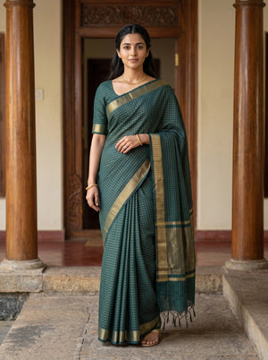Cotton Silk Bottle Green Saree with Grey Zari Shimmer Pallu