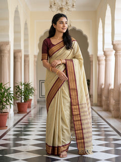 Semi Silk Beige Cream Pinstripe Saree with Maroon Zari Border