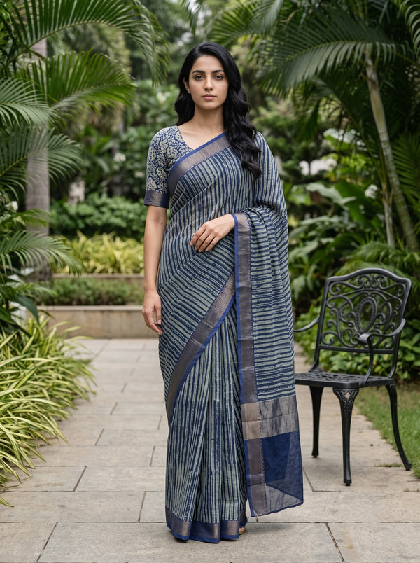 Pure Chanderi Navy Grey Brush Stripe Print Antique Copper Zari Border Saree