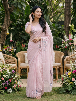 Organza Pink Beaded Bird and Blossom Embroidered Designer Saree
