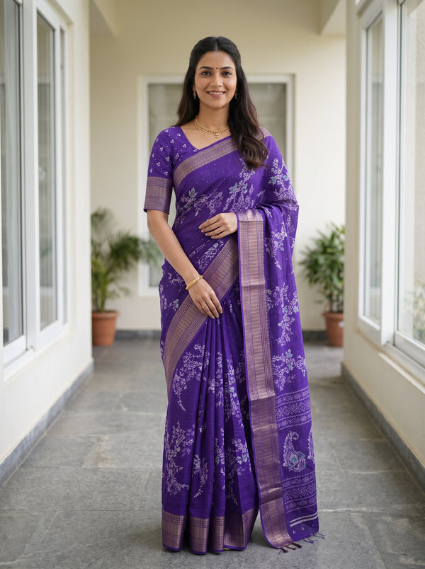 Synthetic Violet Floral Branch Print Saree with Sequin Work and Zari Border