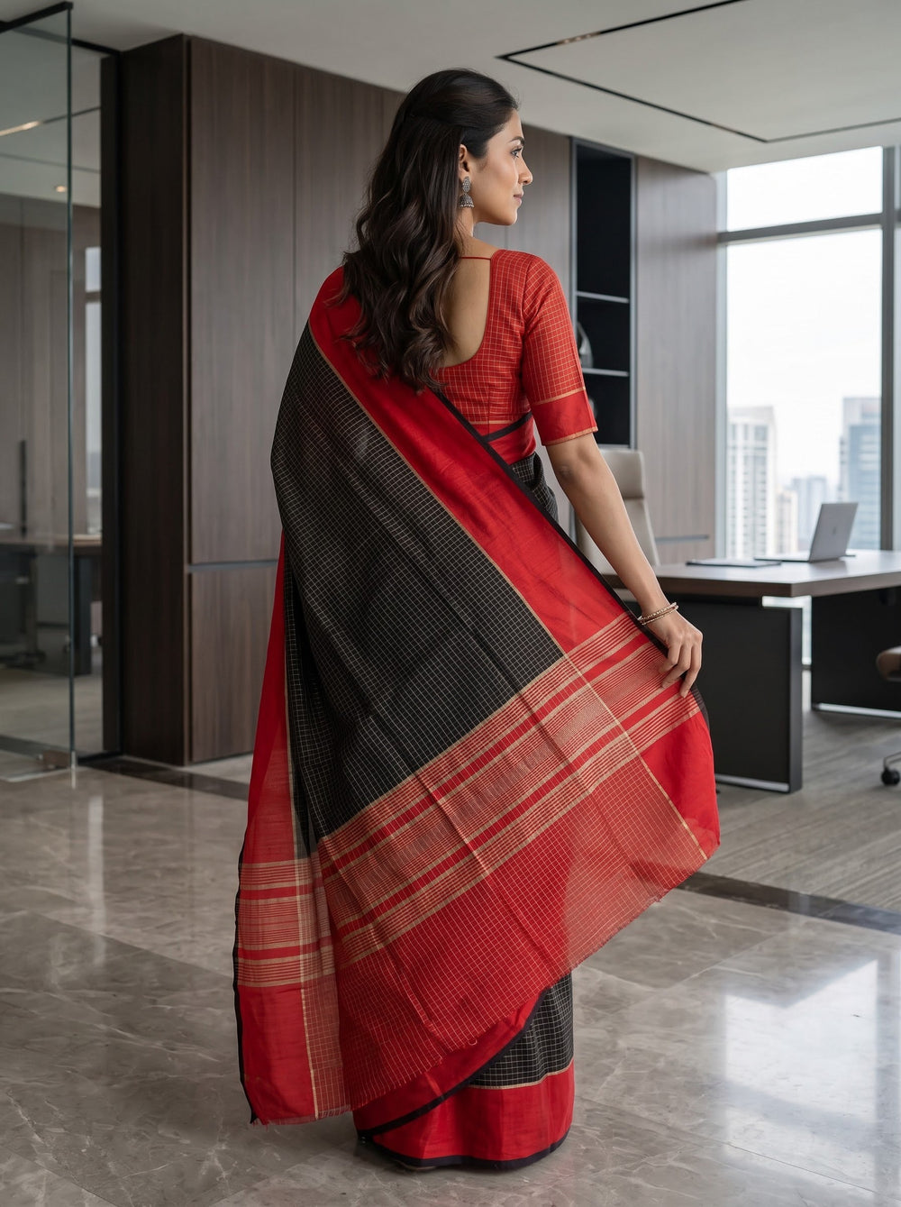 Chanderi Cotton Black Saree with Checked Design and Red Border