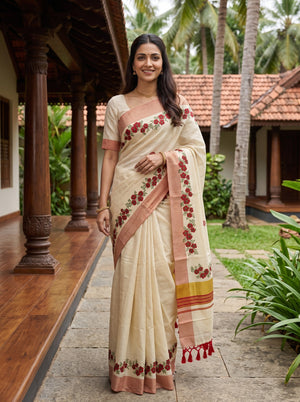 Tissue Cream Red Rose Floral Border with Copper Zari Border Onam Special Kerala Saree