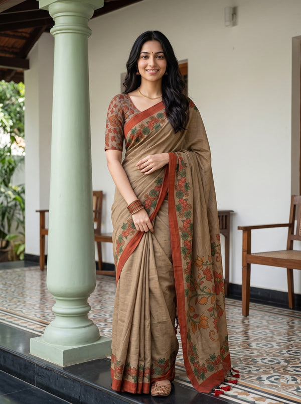 Cotton Khaki Brown Saree with Rust Floral Mural Print