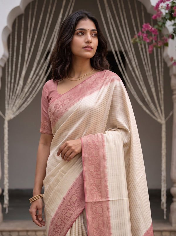 Banarasi Brocade Silk Saree in Cream with Rose Pink Floral Pallu