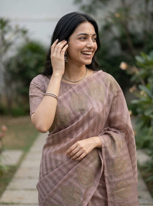 Tissue Saree in Brown with Intricate Paisley Woven Design