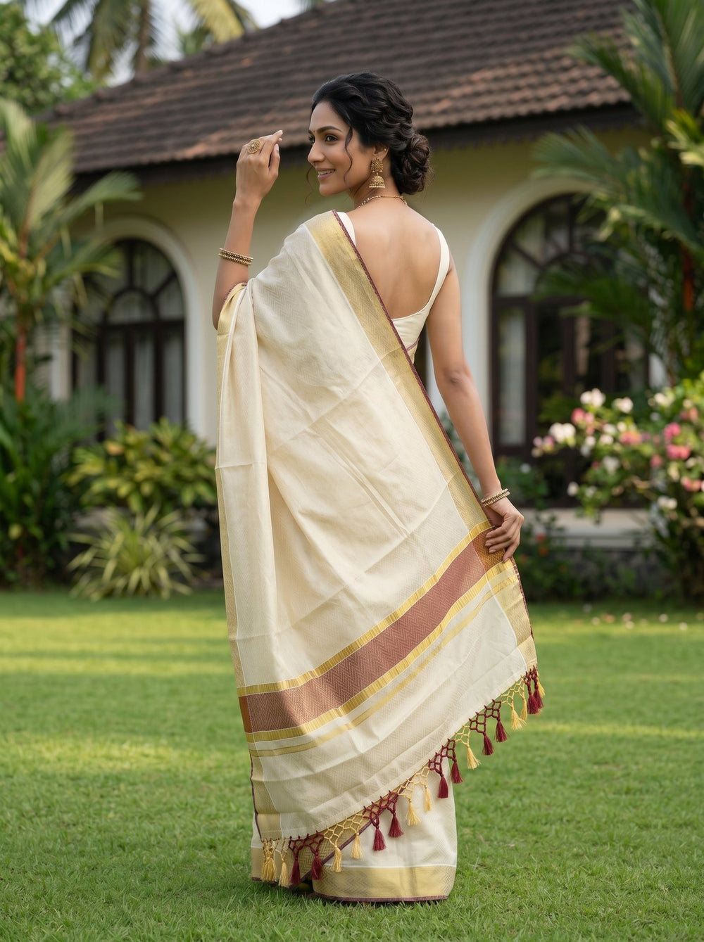 Woman in a traditional saree standing outdoors in front of a house