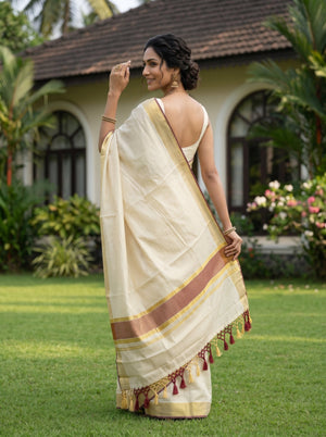 Tissue Sillk Cream Gold Zari Maroon Zig Zag Pattern Set Saree