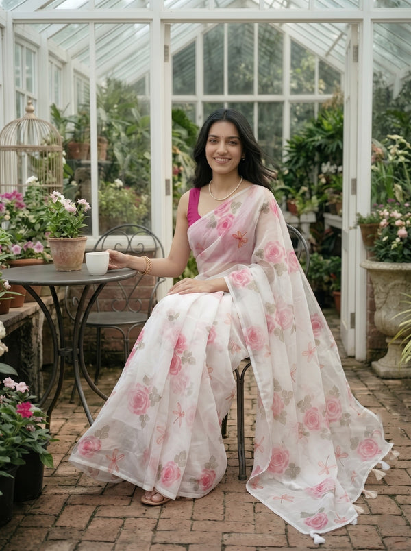 Organza Off-White Pink Rose and Dragonfly Print Saree with White Tassels