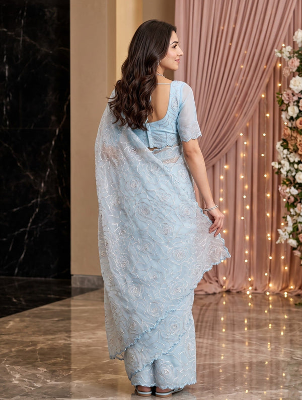 Turkish Organza Sky Blue Rose Flower Golden Zari Outline Saree