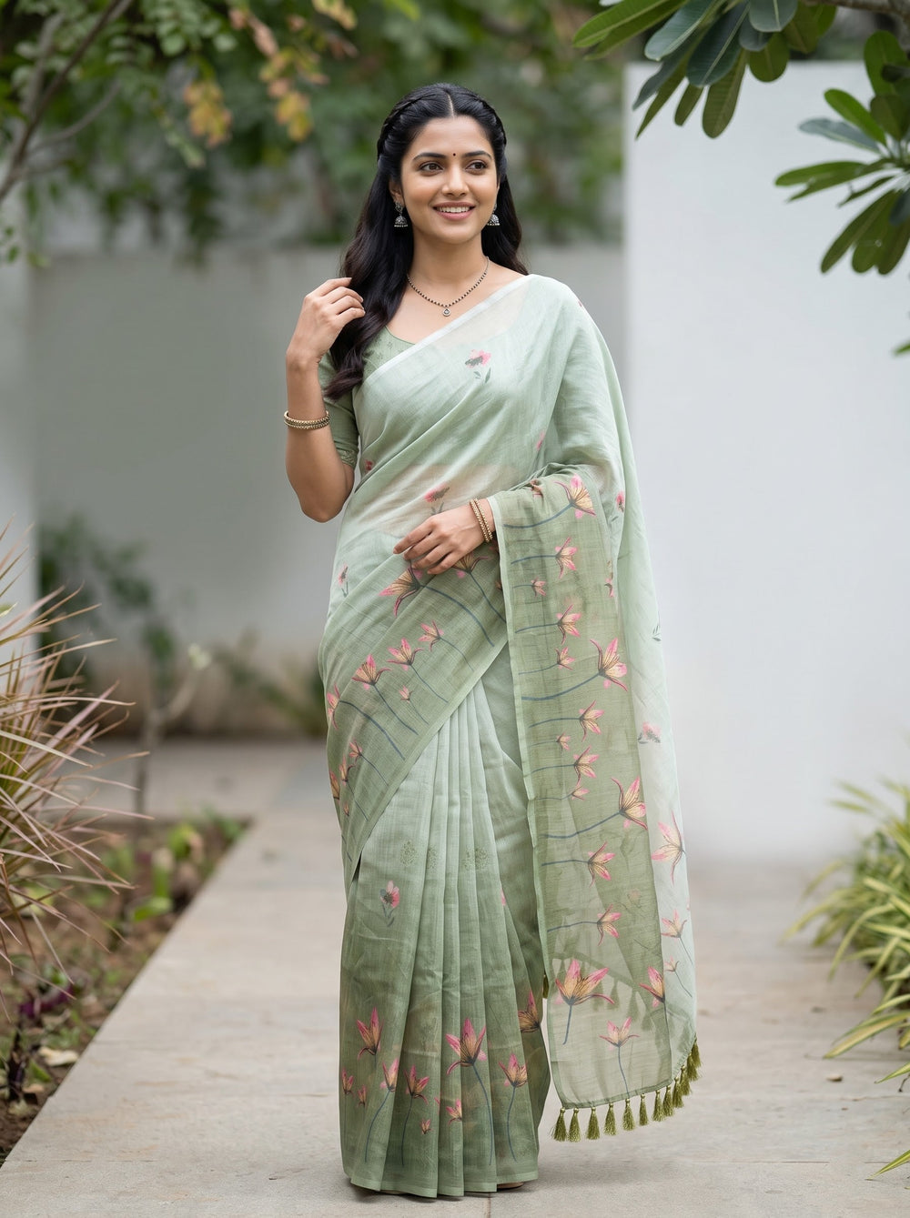 Cotton Green Saree with Pink Floral Print and Tassels