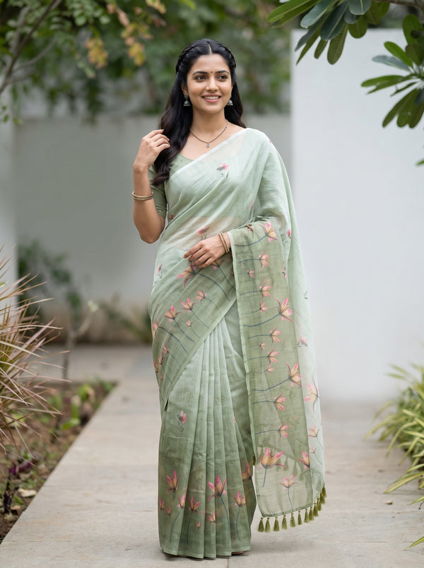 Cotton Green Saree with Pink Floral Print and Tassels