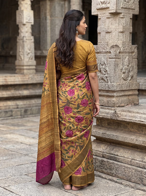 Tussar Silk Mustard Yellow Saree with Kantha Embroidered Rose Floral Print