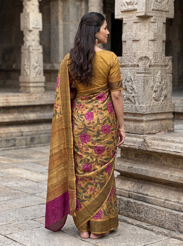 Tussar Silk Mustard Yellow Saree with Kantha Embroidered Rose Floral Print
