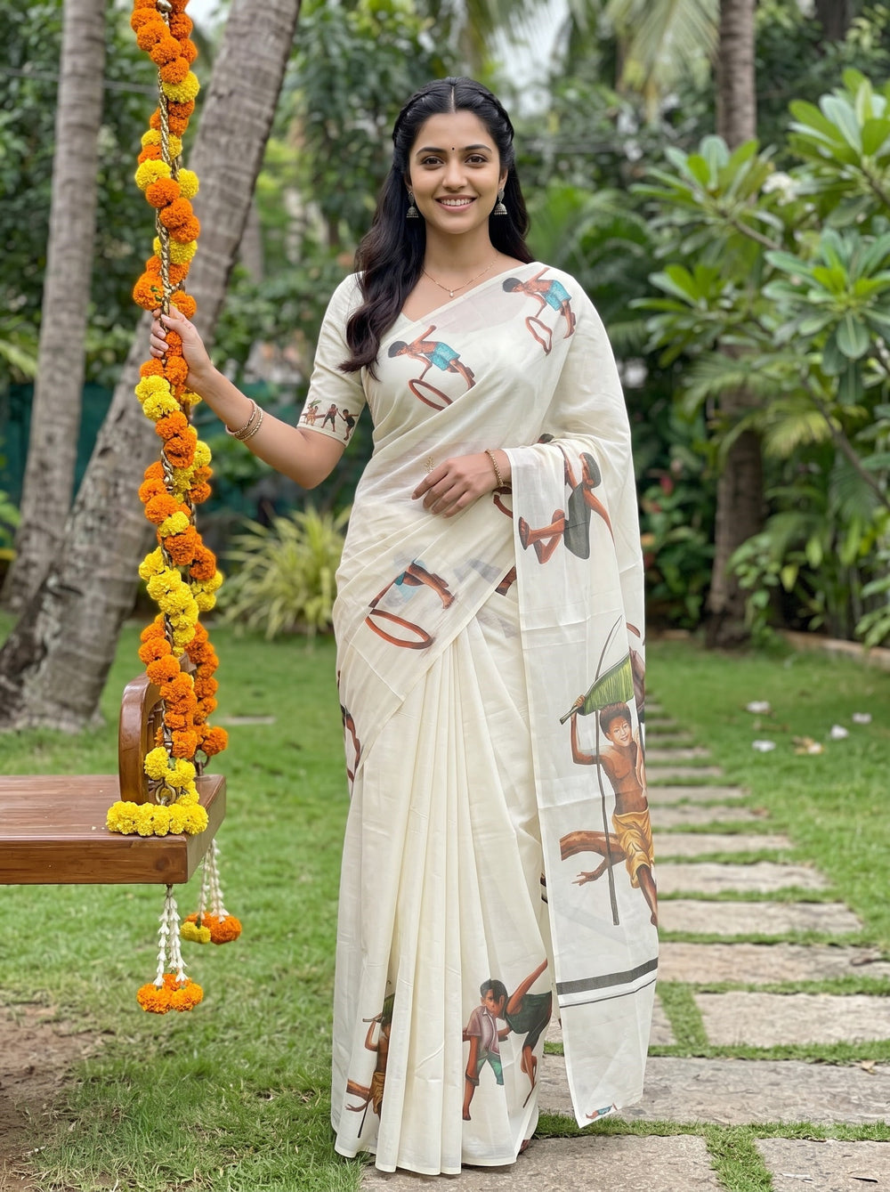 A woman wearing a cream-colored saree with a printed illustration of children is standing outdoors next to a wooden swing decorated with orange and yellow marigold garlands.