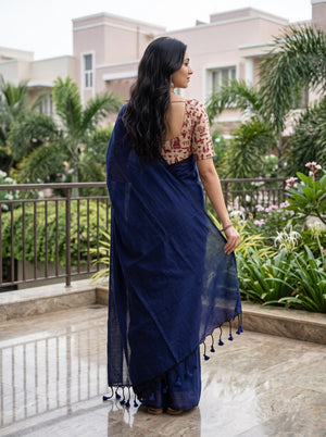 Cotton Navy Blue Saree with Solid Striated Weave and Matching Tassels
